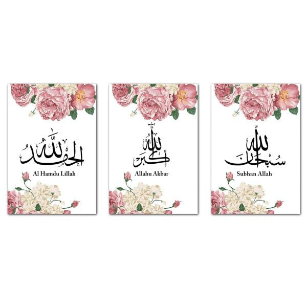 Pack Of 03 – Islamic Canvas Wall Art Pink Peony Canvas Painting Islamic Poster Prints Black And White Islamic